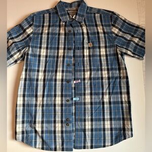 Carhartt Men’s Medium Blue Plaid Short Sleeve Button Up Shirt Cotton Pocket Work